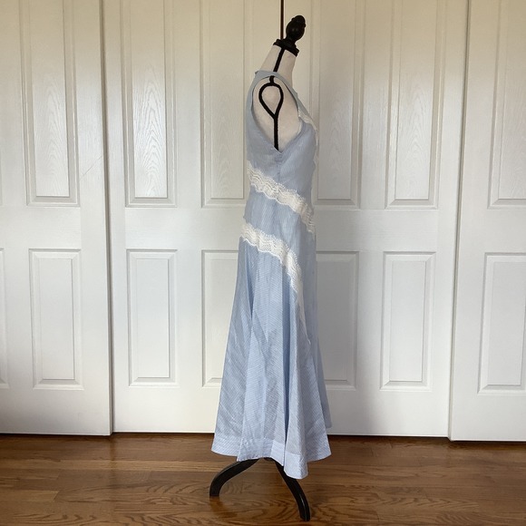 Sandro Nathalie Blue White Pinstripe Linen Lace Midi Dress Size 40 NWT - Picture 4 of 16
